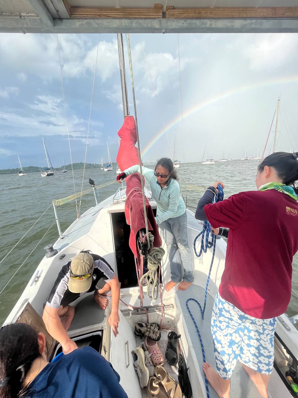 The student team in front of Rakata Island