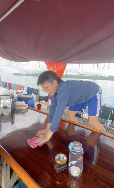 Charlyn, our Chief of Staff, doing galley duty